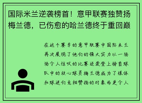 国际米兰逆袭榜首！意甲联赛独赞扬梅兰德，已伤愈的哈兰德终于重回巅峰表现