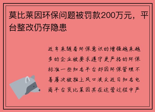 莫比莱因环保问题被罚款200万元，平台整改仍存隐患