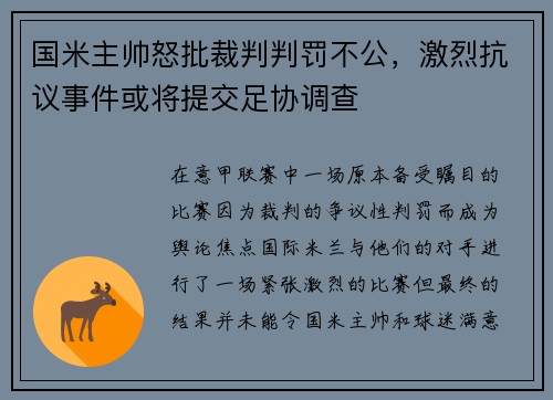 国米主帅怒批裁判判罚不公，激烈抗议事件或将提交足协调查